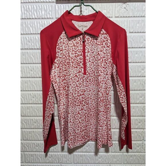 San Soleil Women's M Red Orange White Tropical Flower Print Sun Protection Shirt - Picture 1 of 6
